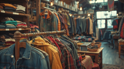 Cozy vintage sustainable shop with warm lighting. Second hand clothes.