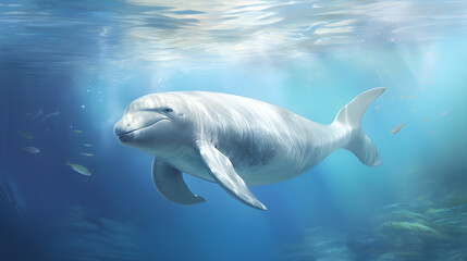 Beautiful Beluga Whale Swimming Tranquilly in a Transparent Underwater Landscape