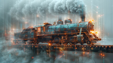 vintage steam train blue wireframe blue prints, old train wireframe standing on the station,generative ai - obrazy, fototapety, plakaty