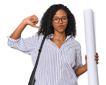 Young African American architect with blueprint feels proud and self confident, example to follow.