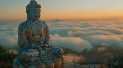 Buddha statue praying above the clouds with a clear sky