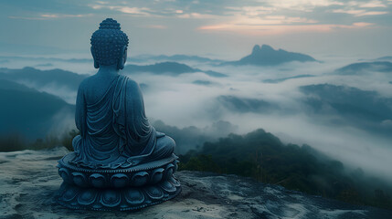 Buddha statue praying above the clouds with a clear sky - obrazy, fototapety, plakaty