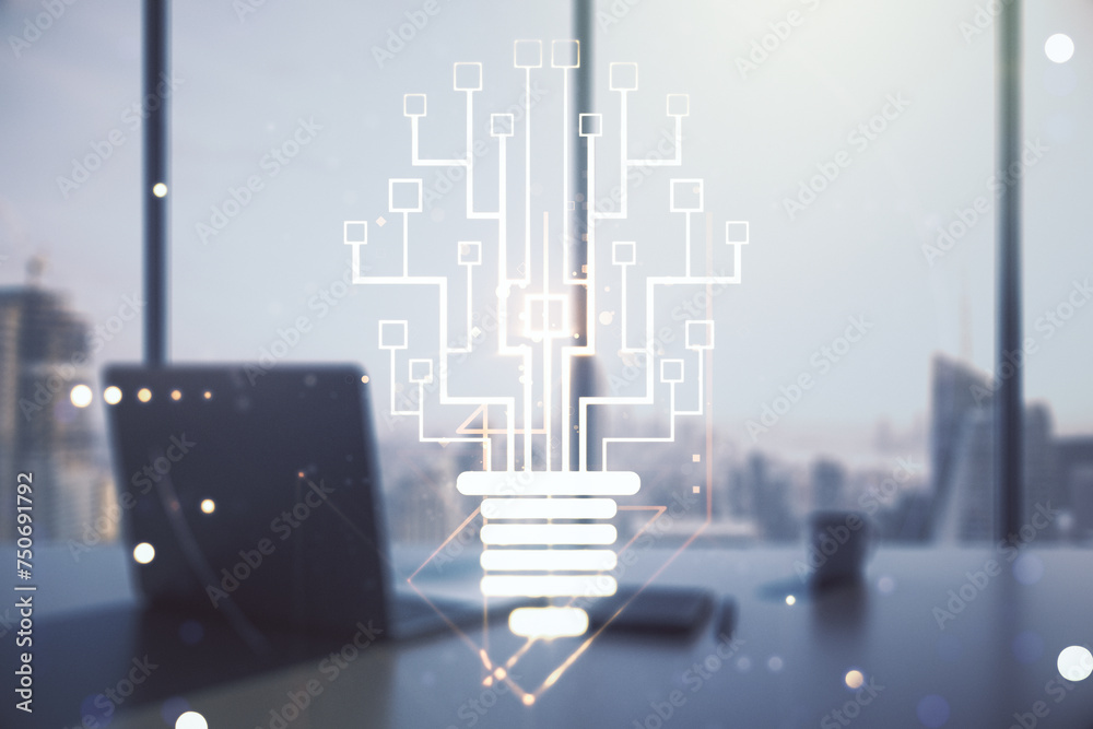 Poster double exposure of creative light bulb hologram with chip and modern desktop with laptop on backgrou