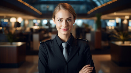 Fototapeta premium A beautiful happy Caucasian flight attendant in a suit, smiling and looking at the camera in the airport terminal. Airline service, Flights, Travel, Service, Transport, Aircrew, Profession Concepts.