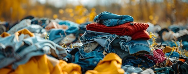 The Fast Fashion Waste: A Heap of Clothes in a Landfill. Concept Sustainable Fashion, Textile Waste, Environmental Impact, Clothing Consumption, Circular Economy, - obrazy, fototapety, plakaty