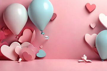 Poster or banner with clouds, hearts and balloons on pastel pink 3D background. Generative AI - obrazy, fototapety, plakaty