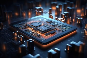business concept from the edge of electronic circuit board with phones and devices