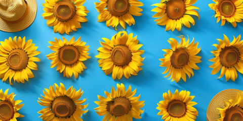 Circle of sunflowers with a hat in the center on a blue background, floral arrangement concept