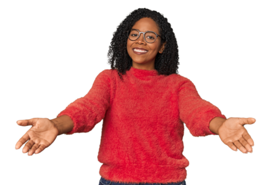 African American woman in studio setting showing a welcome expression.