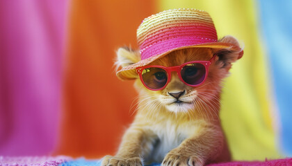 Charming Lion Cub in Striped Hat and Sunglasses