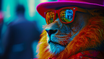 Colorful Lion Portrait with Sunglasses and Hat