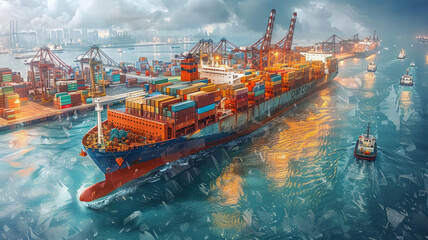 Fototapeta premium Cargo port illustration. Isometric projection. Big ship,generative ai