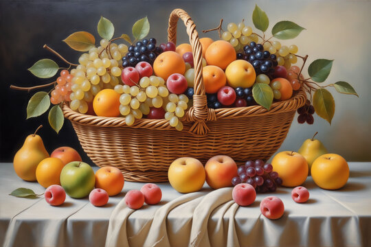 Hyper-Detailed Oil Painting: A Bountiful Basket of Fruit  - Generative AI