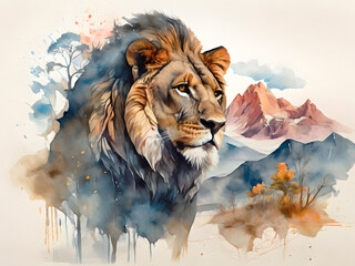 Watercolor painting of a lion with flowers on a white background. - obrazy, fototapety, plakaty