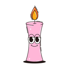 Happy birthday sticker in retro groovy style. Vintage character candle. Funky mascot with psychedelic smile. Vector illustration isolated on transparent background