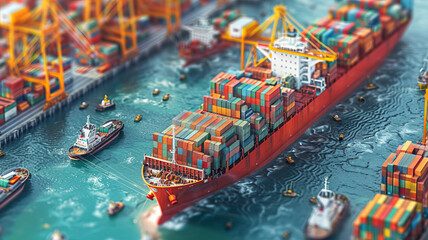 Cargo port illustration. Isometric projection. Big ship,generative ai