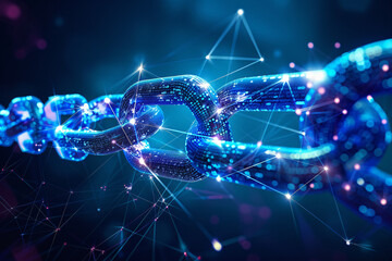 Shimmering blockchain links with blue lights on a tech network background