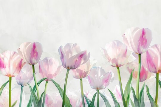 Watercolor Painting of Tulips on the Corners and Margins - White Tulips with Pink Inlays and Pointed Tips - Big Brushstrokes Impressionist Style Tulips Wallpaper created with Generative AI Technology