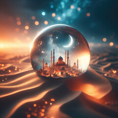 Islamic holiday celebration background with fairy mosque and desert landscape suitable for Ramadan, Eid al-Fitr or Hari Raya.