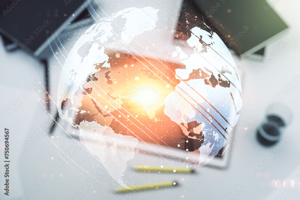 Poster multi exposure of abstract creative digital world map and modern digital tablet on background, top v