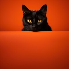 La tête d'un chat noir regardant, sur un fond orange, image avec espace pour texte.
