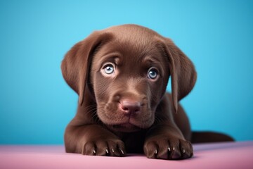 Un adorable chiot de race labrador, sur fond bleu.