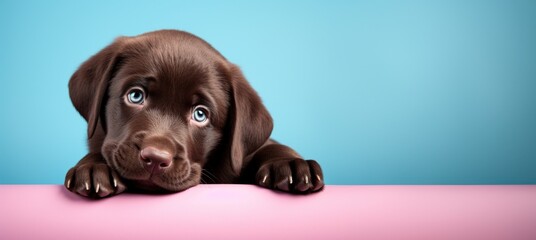 Un adorable chiot de race labrador, sur fond bleu, image avec espace pour texte. - obrazy, fototapety, plakaty