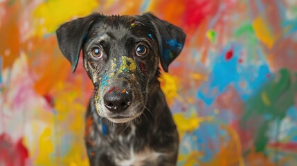 Un chien couvert de peintures colorées, regardant devant lui, taches et éclaboussures. - obrazy, fototapety, plakaty
