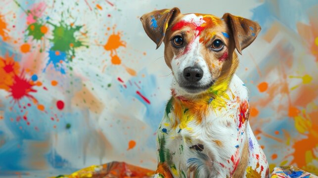 Un chien couvert de peintures color&eacute;es, regardant devant lui, taches et &eacute;claboussures.
