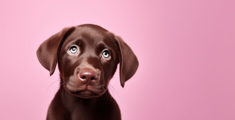 Un adorable chiot de race labrador, sur fond rose, image avec espace pour texte.