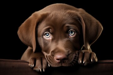 Un adorable chiot de race labrador, sur fond noir.