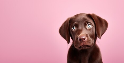 Un adorable chiot de race labrador, sur fond rose, image avec espace pour texte.