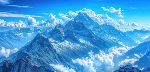 Zelfklevend Fotobehang Une illustration d'un paysage montagneux, entouré de nuages. © David Giraud