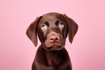 Un adorable chiot de race labrador, sur fond rose.