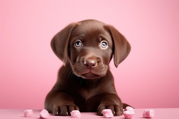 Un adorable chiot de race labrador, sur fond rose.