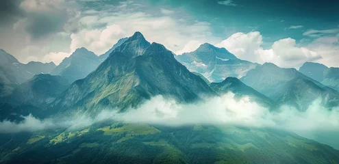 Photo sur Plexiglas Vert bleu Une illustration d'un paysage montagneux, entouré de nuages.
