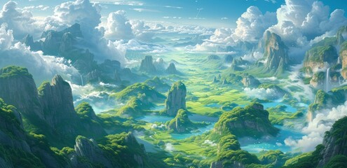 Une illustration d'une vallée dans un paysage montagneux, entouré de nuages. - obrazy, fototapety, plakaty