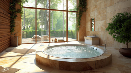Luxurious Jacuzzi bathtub with stunning views of nature in a spacious room
