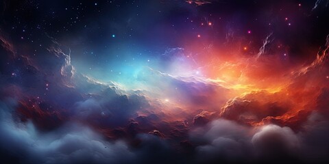 Dramatic cosmic scene of a star's birth within colorful space nebula with vivid clouds and dust