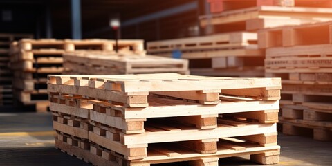Stack of wooden pallet. Industrial wood pallet at factory warehouse. Cargo and shipping. Sustainability of supply chains. Eco-friendly and sustainable properties - obrazy, fototapety, plakaty