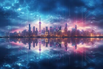 in cloudy shanghai at dusk, neon signals are visible