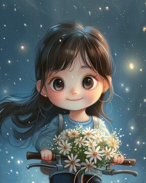 cute girl rides a bicycle with a bouquet of flowers in kawaii style.