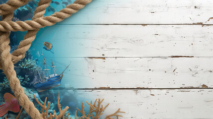 Marine background with ship, rope and corals - obrazy, fototapety, plakaty