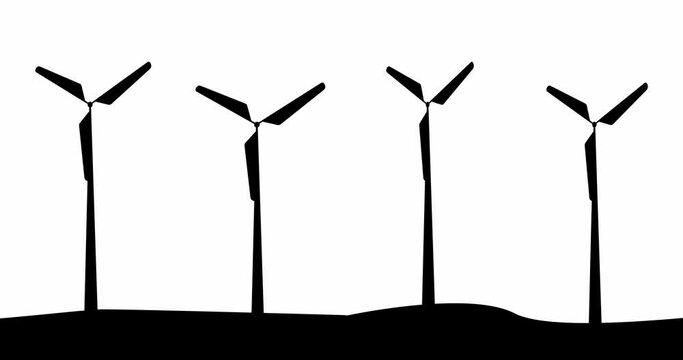 Group of Animated wind generators on white background. Silhouette wind turbines . Alternative renewable electricity generation. Motion design of windmill symbol. Eco concept for infographic