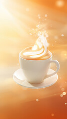 Dynamic Coffee Splash in Cappuccino Cup. Hot drink warm glow background