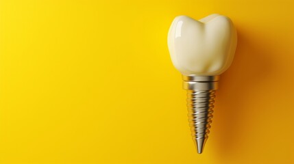 Ceramic dental implant in the shape of a baby tooth on a yellow background