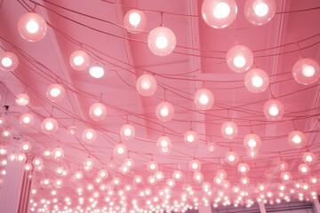 pink light background, Christmas lights hanged