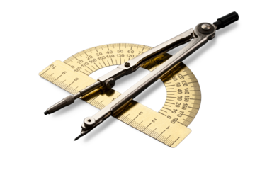 Pair of compasses and protractor isolated on white