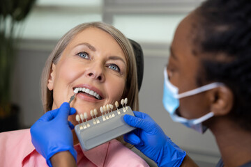 Woman patient with doctor orthodontist choosing the shade of dental veneer according to color chart