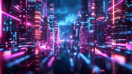 Obraz premium A digital cityscape emerges from the neon circuit lines and data streams